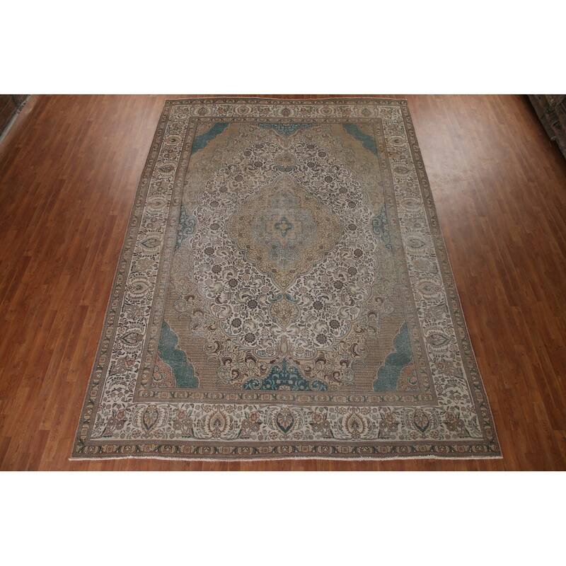 Distressed Geometric Tabriz Persian Antique Rug Handmade Wool Carpet - 9'8" x 13'5"