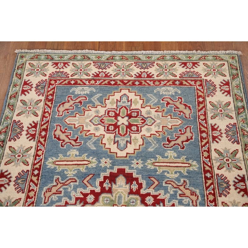 Blue Geometric Kazak Oriental Accent Rug Handmade Wool Carpet - 3'4"x 5'0"
