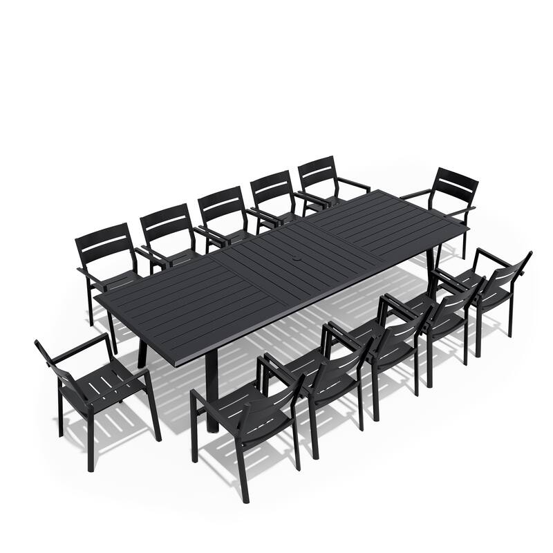 7/9/11/13-Piece Set Outdoor Aluminum Dining Table with Umbrella Hole and Stackable Chairs - Black - Set of 13