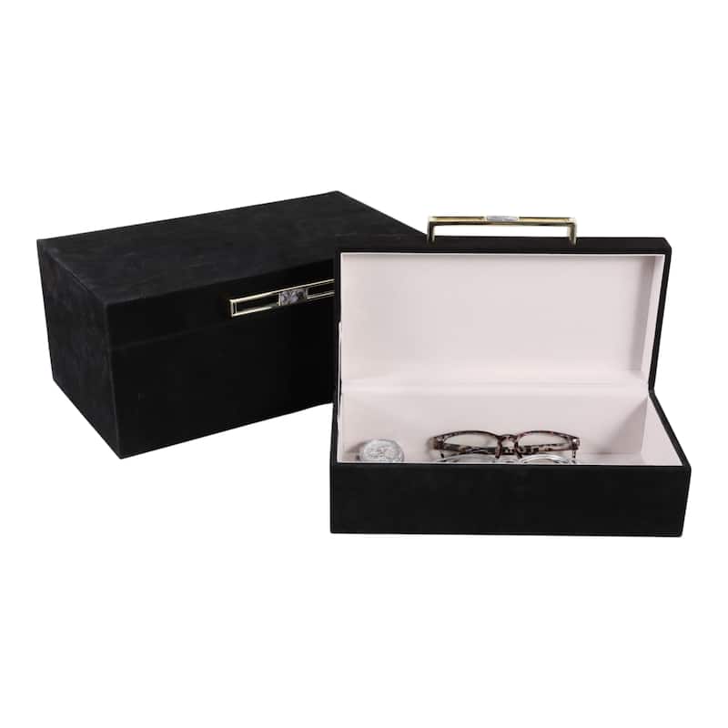 Elegant Suede Box with Lid and Metal Handle - Set of 2, 14",12", Black - 14.0"