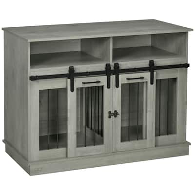 PawHut Dog Crate Furniture for Large Dogs or Double Dog Kennel for Small Dogs with Shelves, Sliding Doors - Gray