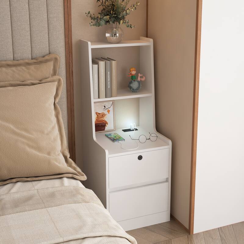 Anmytek Modern Storage Cabinet with Smart Voice Night Light White Nightstand Side Shelf for Bedroom Living Room - White