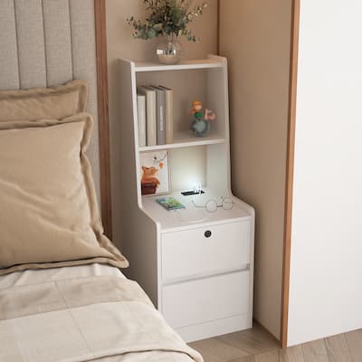 Nightstand with Charging Station,with Night Light,Modern Night Stand with Bookshelf,Bedside Tables with Storage Cabinet