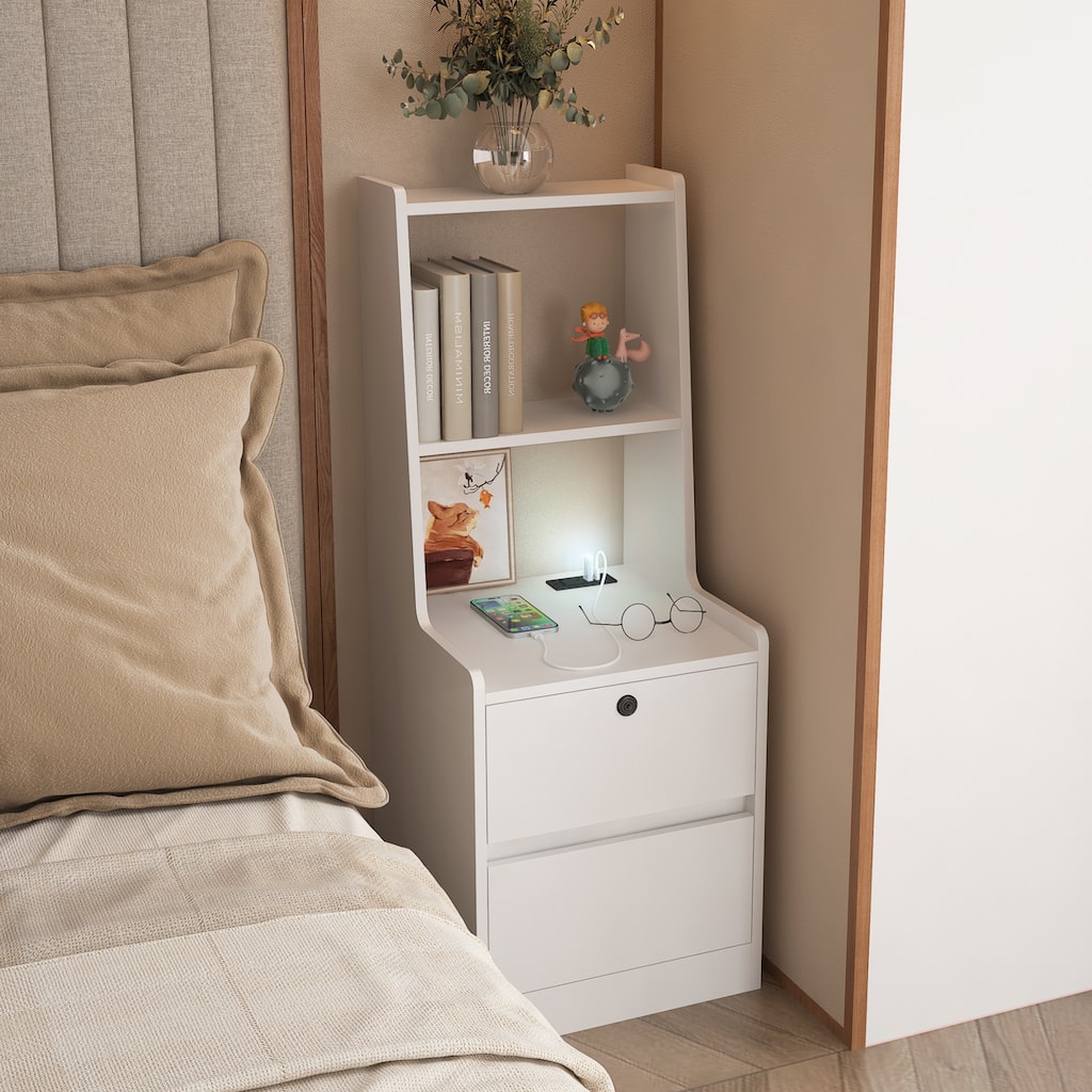 Smart Nightstand with USB Ports, AC Outlet, and Lockable Cabinet - 15.74"x15.74"x41.14", White