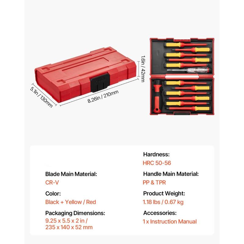 13 Piece Plastic Insulated Screwdriver Tool Set Ideal for Electricians or Industrial Technicians - 8.26" x 5.1" x 1.6"