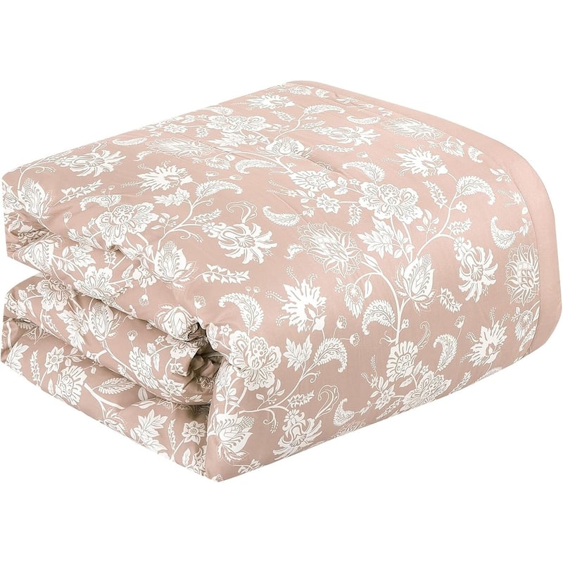 7 Piece Pink Beige Floral Comforter Set Soft Bedding