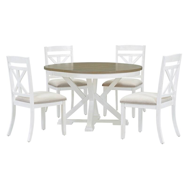 5Piece Dining Table Set with Extendable Round Table and 4 Chairs Bed