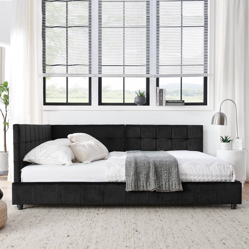 L-shaped Velvet Upholstered Daybed Tufted Sofa Bed with Soft Backrest Armrests - and Optional Corner Storage Day Bed
