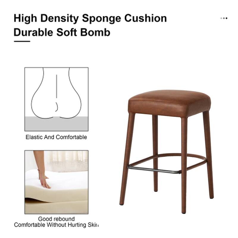 Set of 2 Counter Height Backless Brown Faux Leather Bar Stool - Comfortable Padded Seat with Sturdy Metal Legs