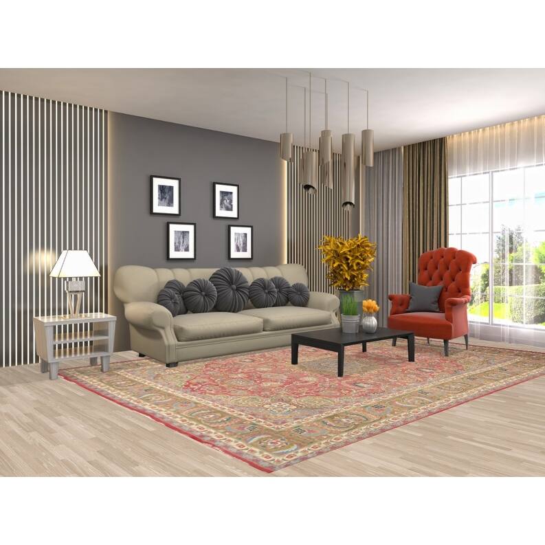 Hand Knotted Oriental 100% Wool Carpet Traditional Floral Pink Mashad Area Rug - 11' 4'' X 7' 9''