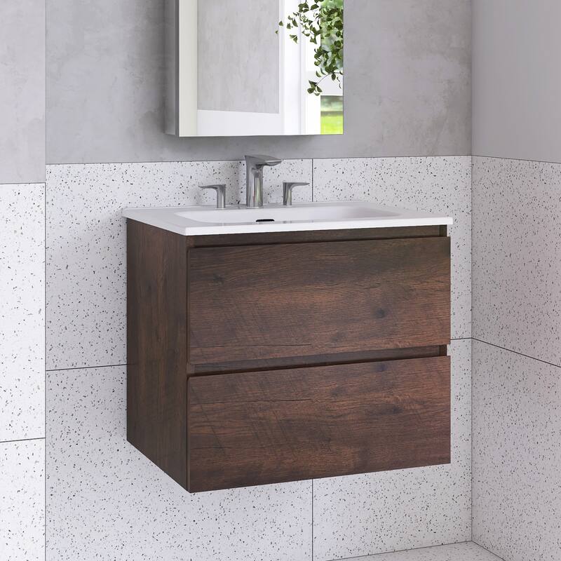 Floating Integrated Bathroom Vanity with Ceramic Sink, Three Faucet Holes