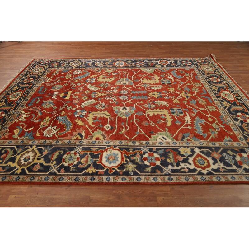 Hand Knotted Oriental 100% Wool Carpet Traditional All-Over Oranges & Rust Heriz (serapi) Area Rug - 9' 9'' X 8' 0''