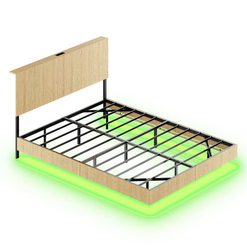 Oak Queen floating bedstead, with charging station and LED lights, wavy headboard, with heavy metal Flat noodles