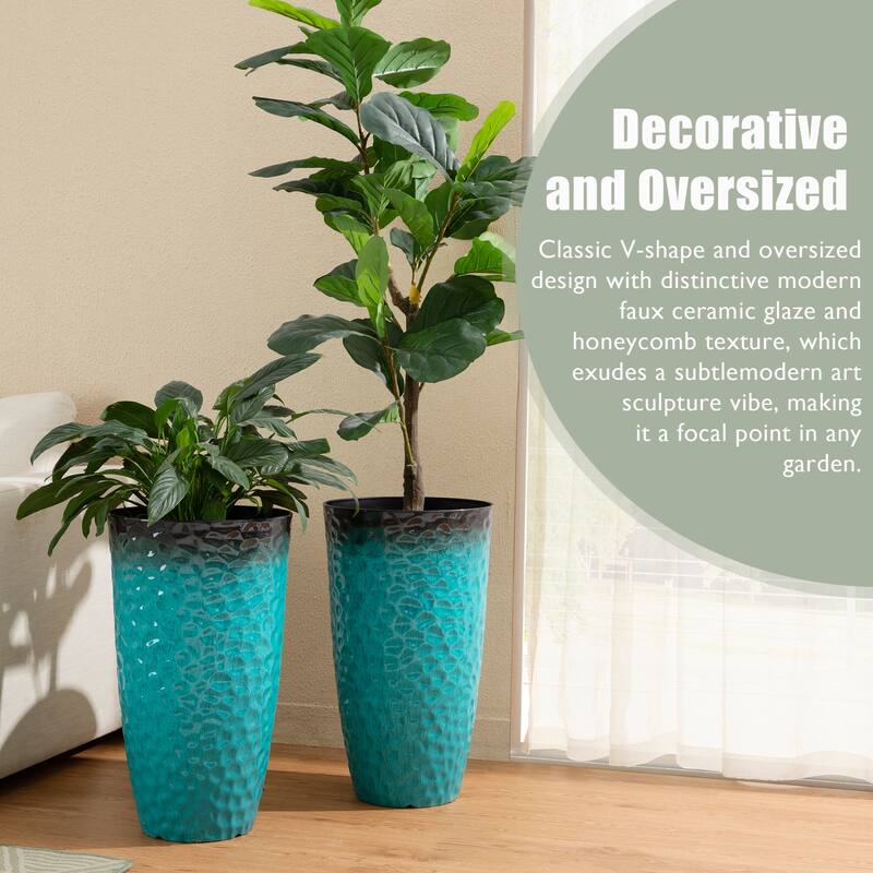 Glitzhome 23.75"H Set of 2 Oversized Eco-Friendly PP and Stone Honeycomb Textured Blue/Green/Red Tall Plastic Planter