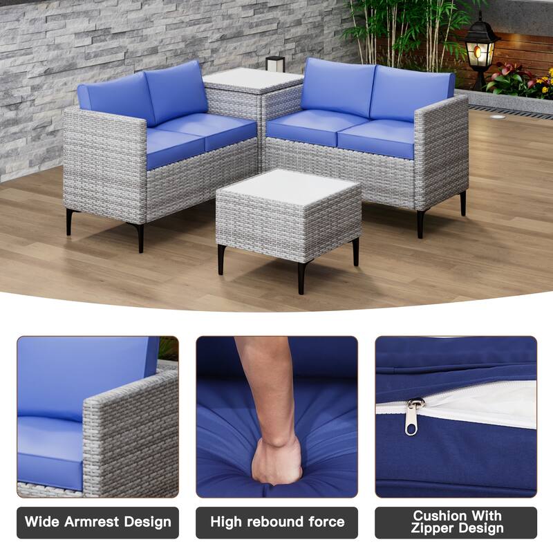 4-Piece Rattan Patio Set – Modular Sectional with Storage Box & Glass Table, Weather-Resistant for Outdoor Lounge,