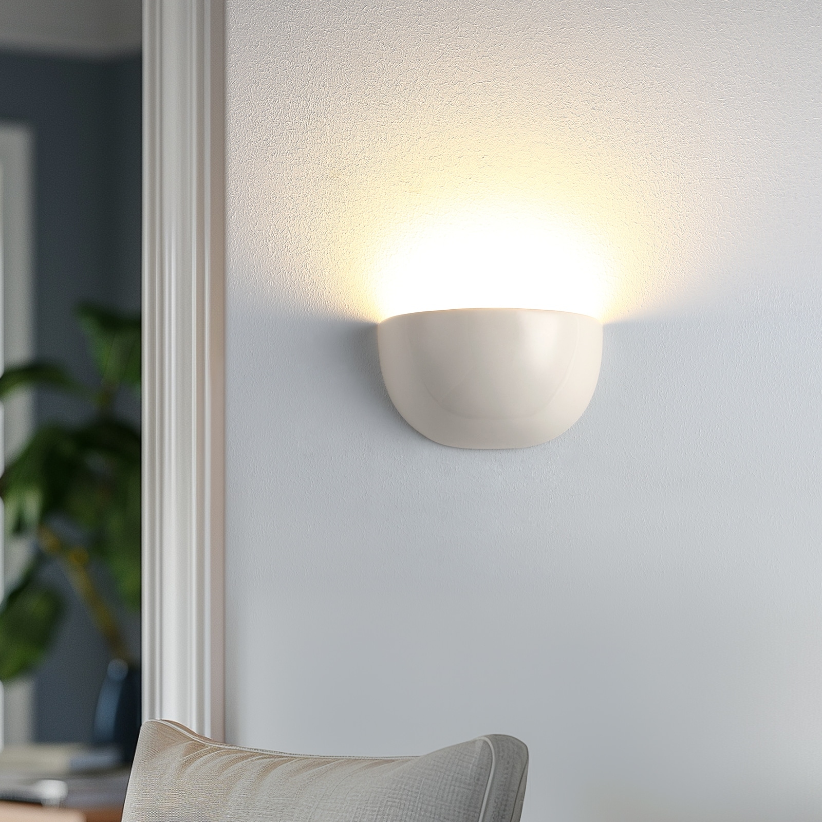 1-Light Damp Rated White Ceramic Half Moon Wall Sconce - 8 in. W