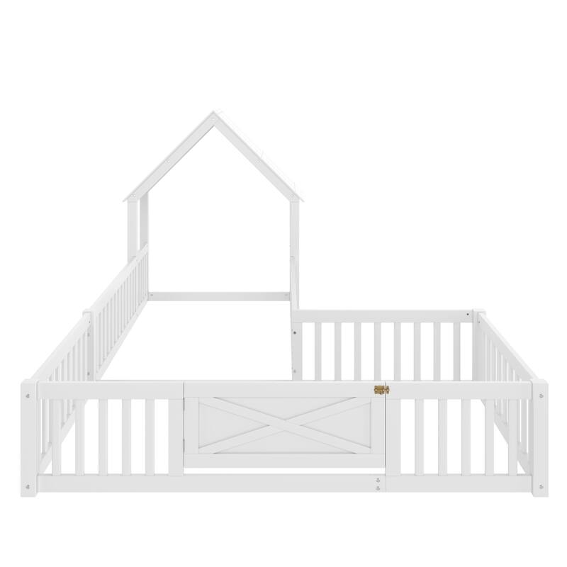 Modern House Floor Bed Frame, Double Floor Beds with Fence and Door