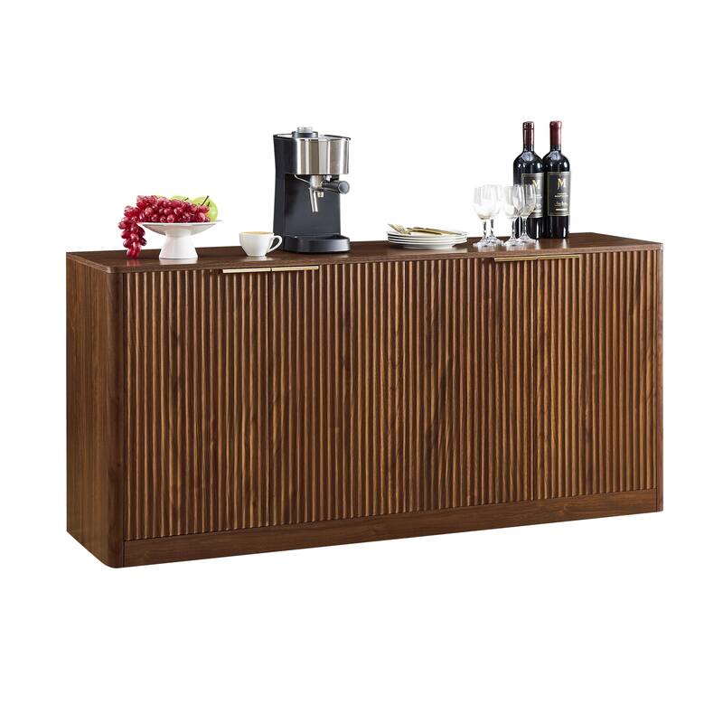 Anmytek 59 Inch Fluted Sideboard with Adjustable Shelves and Gold Handles Walnut Finish Buffet Cabinet