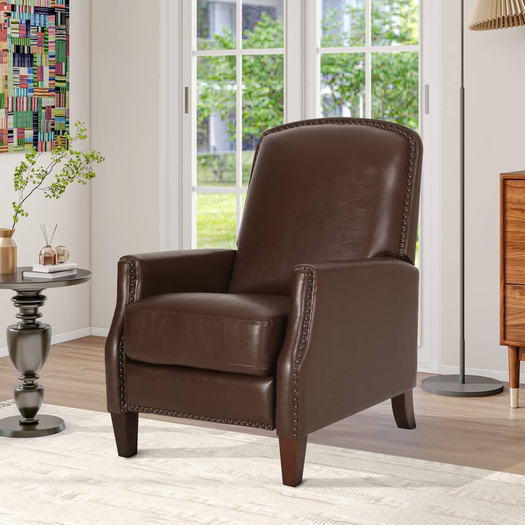 Roomfitters Dark Brown PU Leather Recliner Chair with Rivets, Comfortable Recliner for Living Room