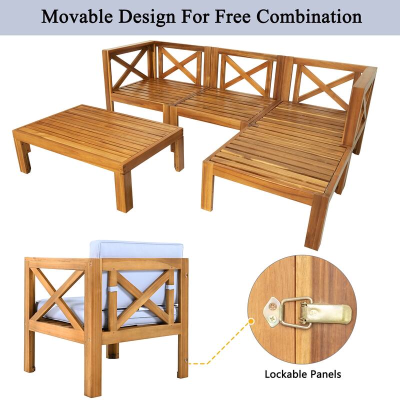 5-Piece Outdoor Patio Solid Wood Sectional Sofa with Coffee Table and Cushions