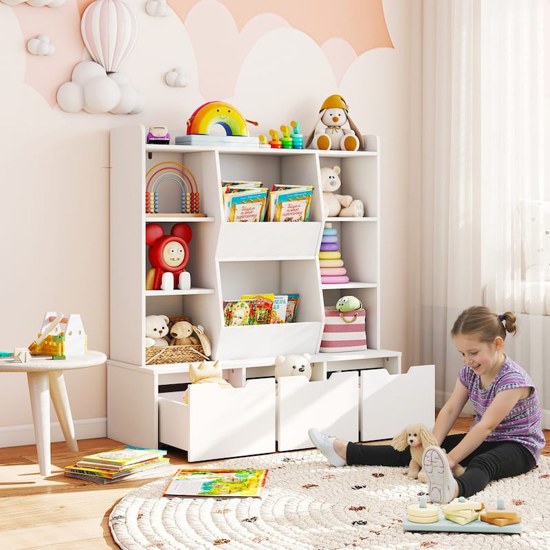 White Kids Storage Cabinet with Drawers and Cubbies Wooden Toy Organizer and Bookshelf for Playroom or Bedroom - 44" x 16" x 47"