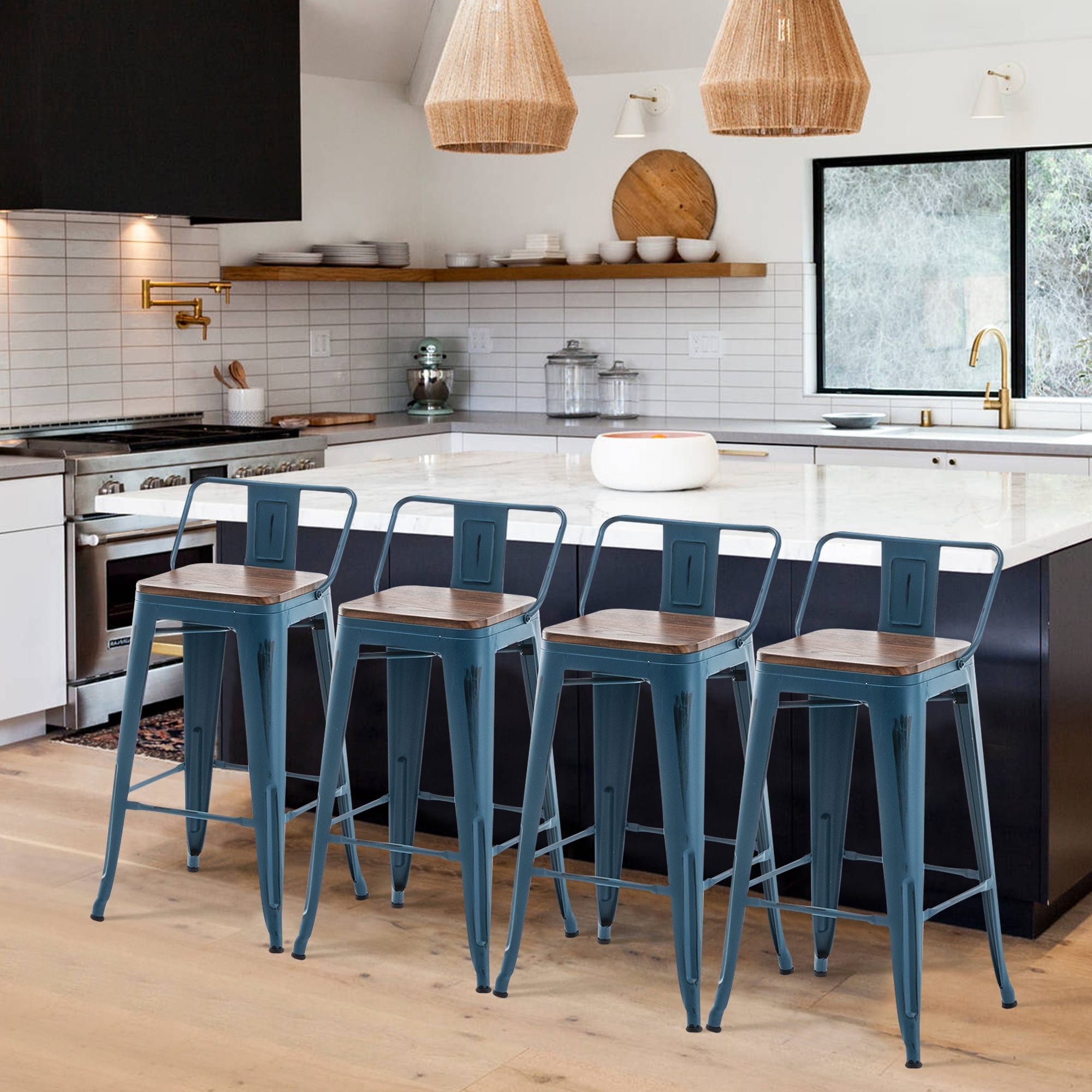 Blue metal bar store stools with back