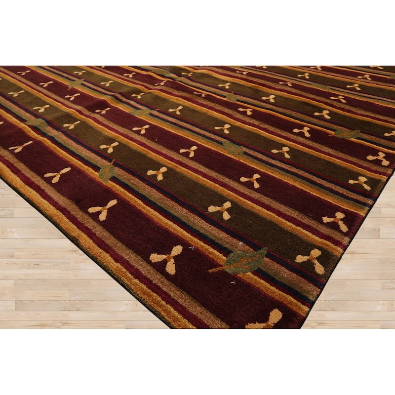Hand Knotted Tibetan Green, Rust Striped Wool Transitional Area Rug - 6' x 9' 1''