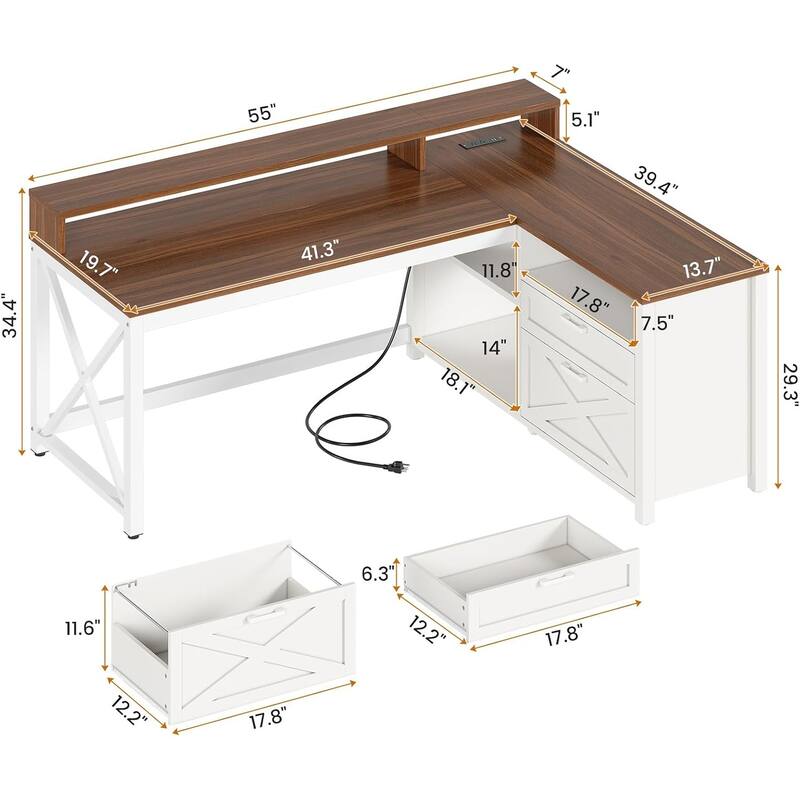 L Shaped Desk 55" Home Office Desk Drawers Storage Shelves