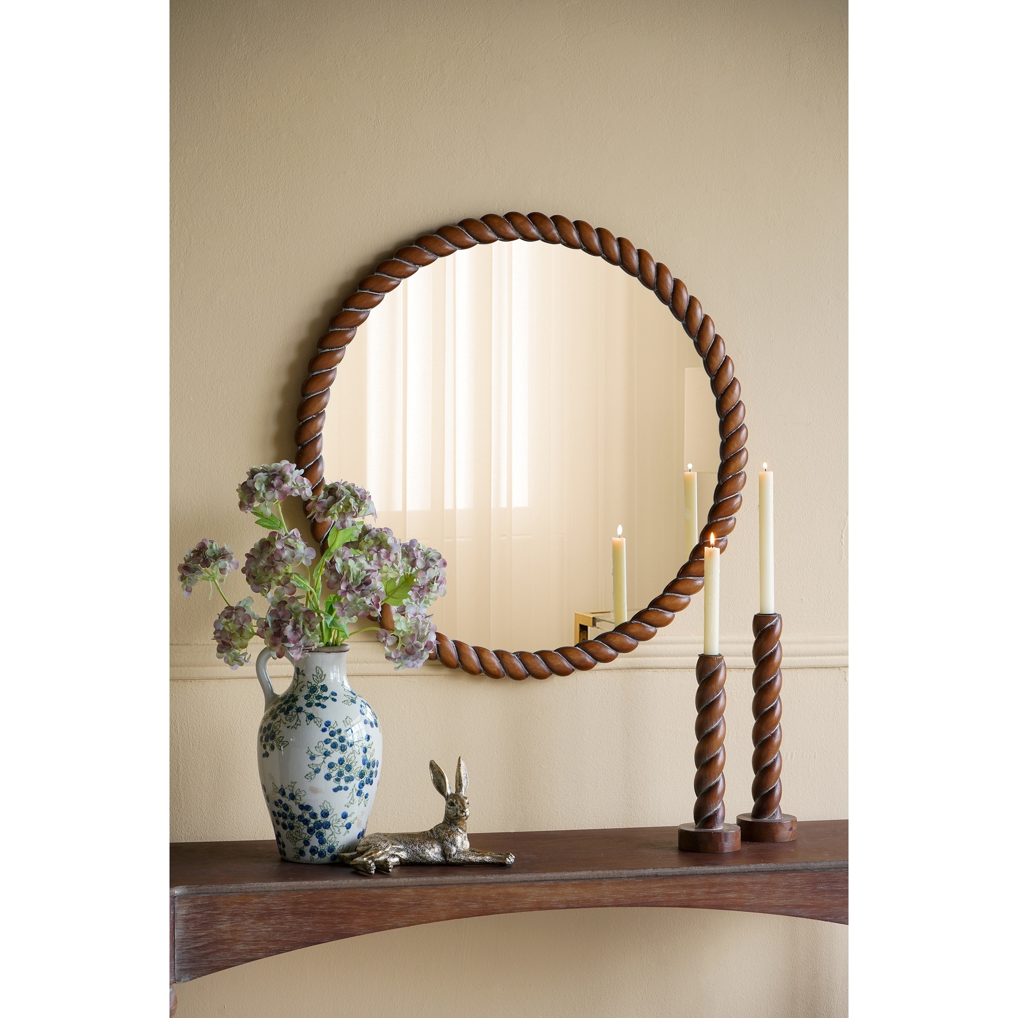 28.3x28.3" Round Wall Mirror with Pine Wood Frame, Brown