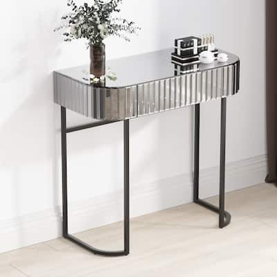 Grey Mirrored Iron Frame Vanity Table with Velvet-lined Drawer, Supports up to 220lbs Top Weight and 55lbs Drawer Weight