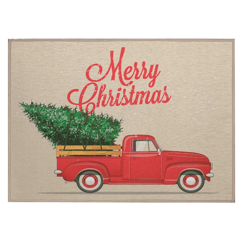 Indoor/ Outdoor Cozy Winter Red Washable Christmas Truck Rug