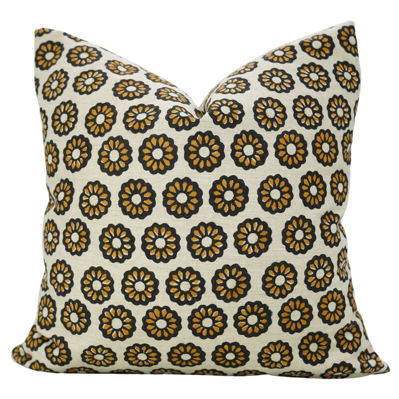Fabdivine Handcrafted Floral Mustard Cushion Cover for Boho Sofa, Farmhouse Bed or Chair 14x20 Inch Linen Blend, Bulbul