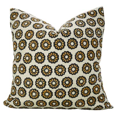 Fabdivine Handcrafted Floral Mustard Cushion Cover for Boho Sofa, Farmhouse Bed or Chair 20x20 Inch Linen Blend, Bulbul
