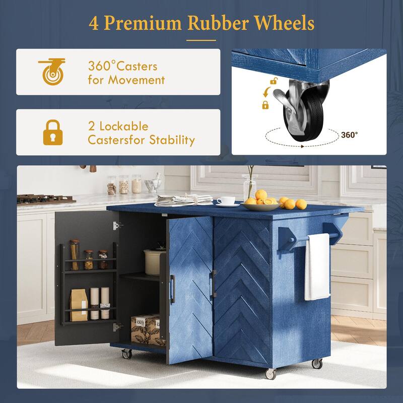 Farmhouse Style 51.2" Rolling Kitchen Island with 3D Wave Stripes Ash Veneer, Drop Leaf & Storage Racks