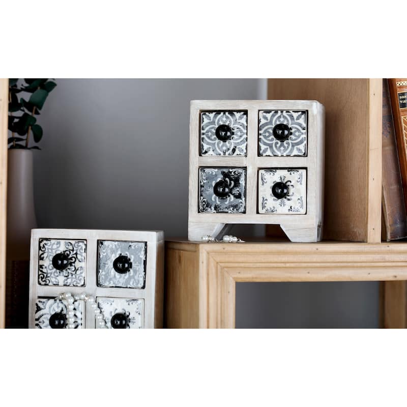 Square White Lattice-Patterned 4-Drawer Ceramic Jewelry Box