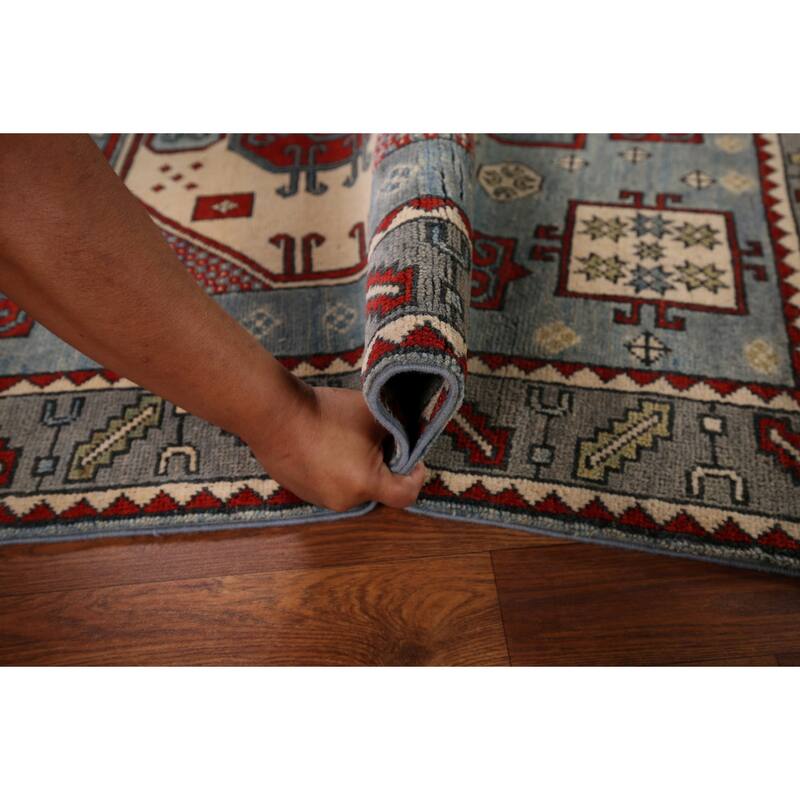 Blue Geometric Kazak Oriental Accent Rug Hand-Knotted Wool Carpet - 3'7" x 5'0"