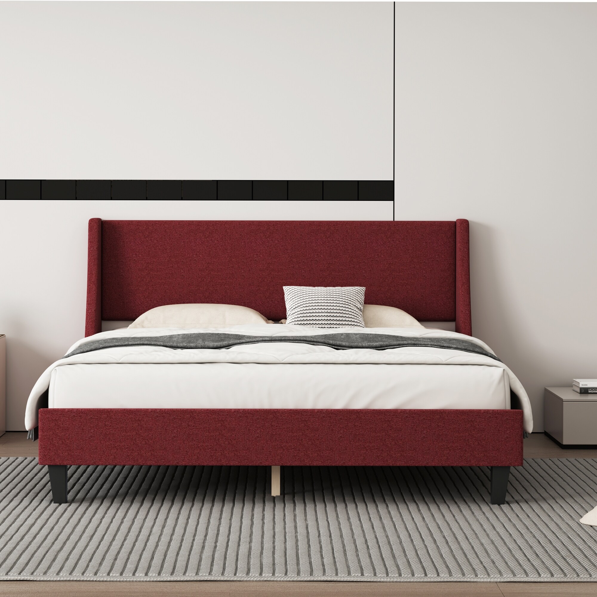 Queen Size Red Bed Frame Upholstered Bed Frame Platform Linen Fabric Headboard Wooden Strip Support No Box Spring Bed Bath Beyond 40866321
