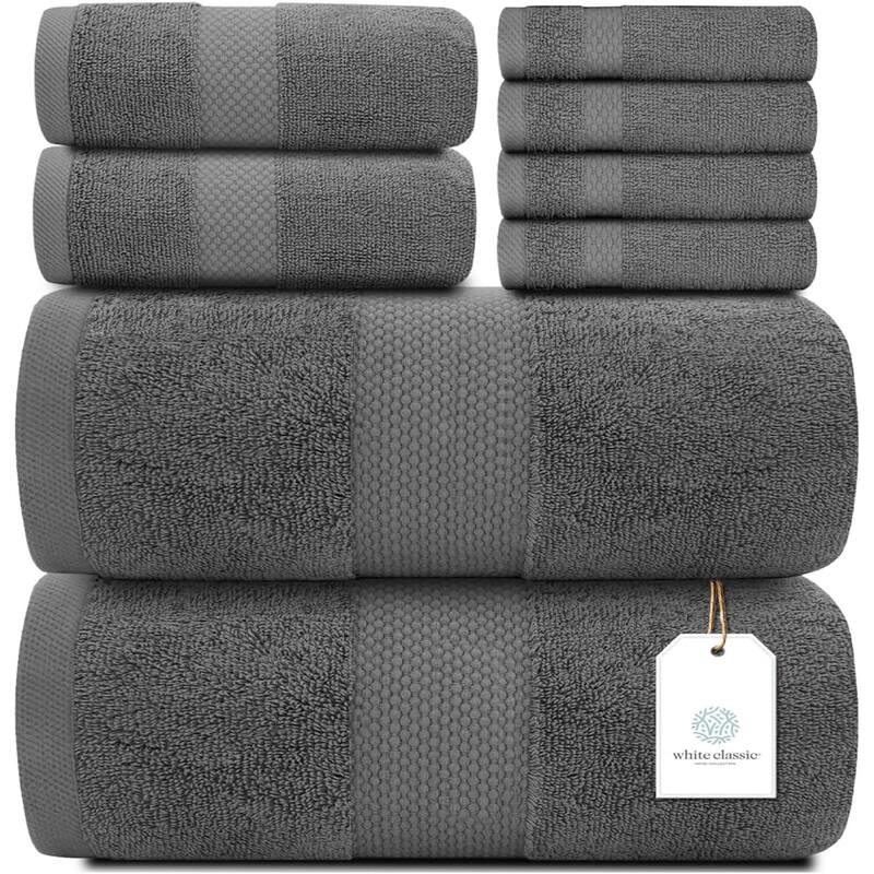 White Classic Luxury Cotton 8Pc Multi Size Towel Set [2 Bath Towels, 2 Hand Towels, 4 Washcloths] - Gray