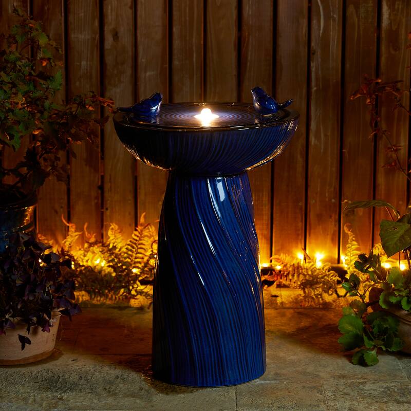 Glitzhome 24.75"H Twist Textured Pedestal Birdbath Outdoor Ceramic Fountain