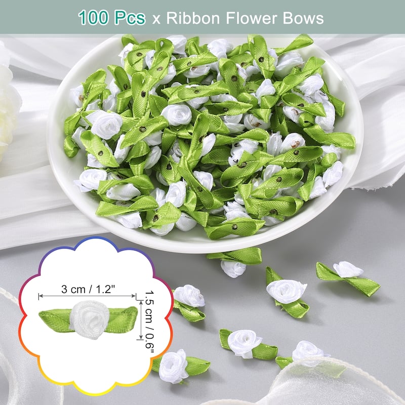 100 Pcs Mini Ribbon Roses Flowers Bows for Crafts, 15mm/0.6" Dia - White