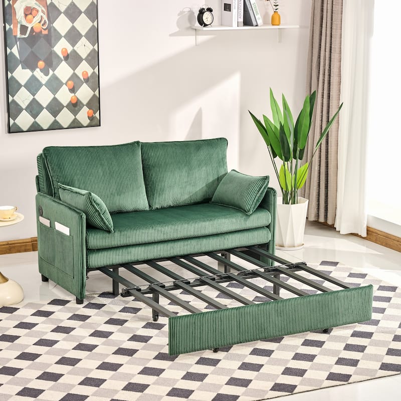 Roomfitters 55" Modern Corduroy Sofa Bed with Pull-out Sleeper Design, Modular Daybed with Storage Pocket & Pillows