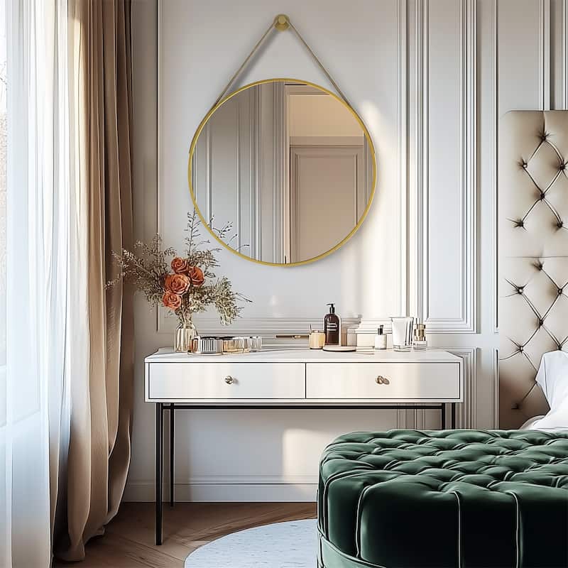 Round Wall Hanging Bathroom Vanity Mirror with Leather Strap Black Aluminum Frame - Gold - 31.50" x 31.50"