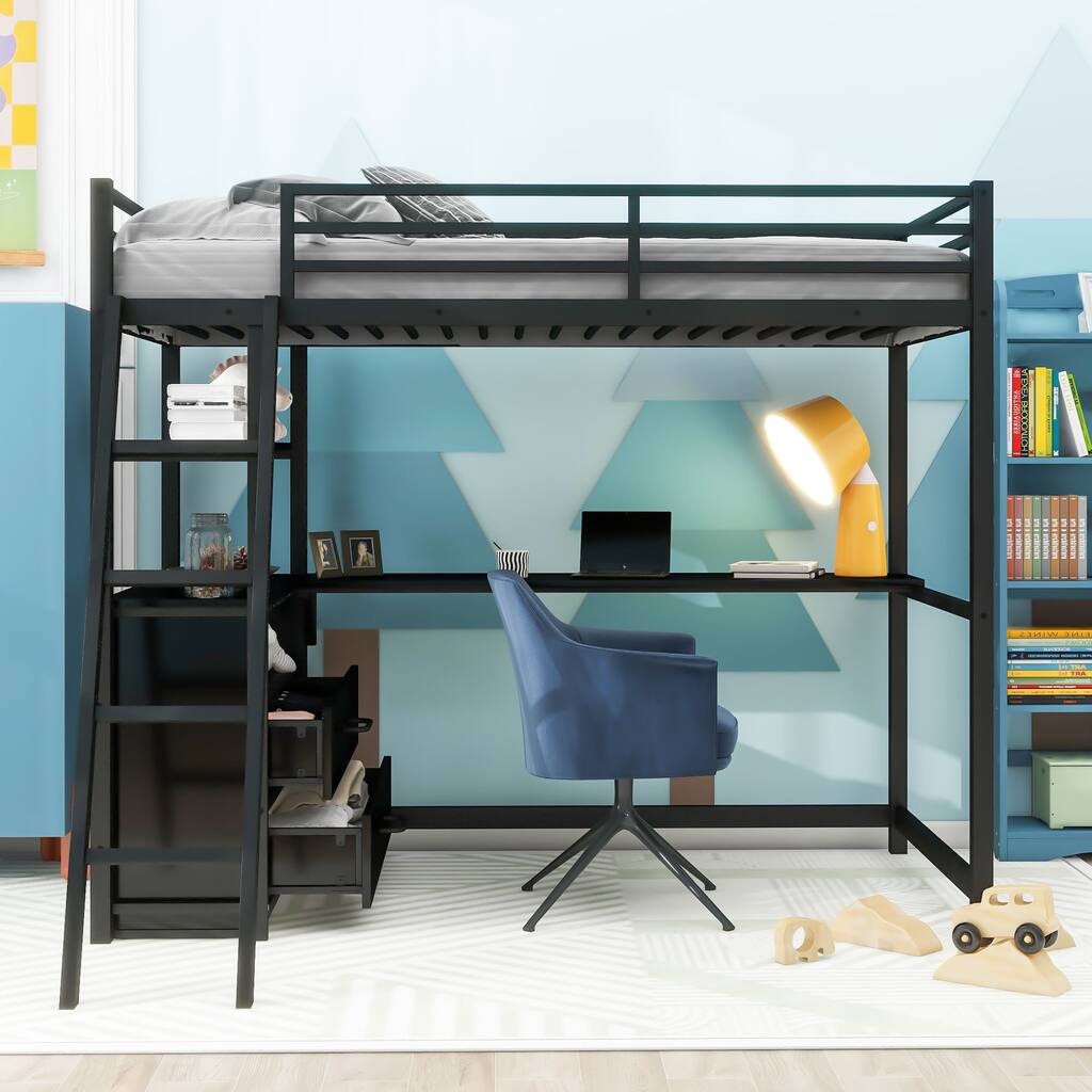 Twin Size High Loft Bed with Desk, Shelves and 2 Built-in Storage Drawers, Metal&Wood Loftbed Frame, for Bedroom,Dorm,Apartment