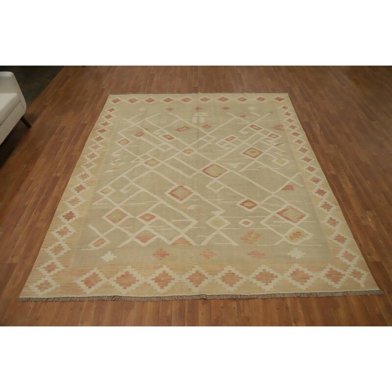 Hand Woven Oriental 100% Wool Carpet Southwestern Tribal Beige & Ivories Kilim Area Rug - 9' 10'' X 8' 0''