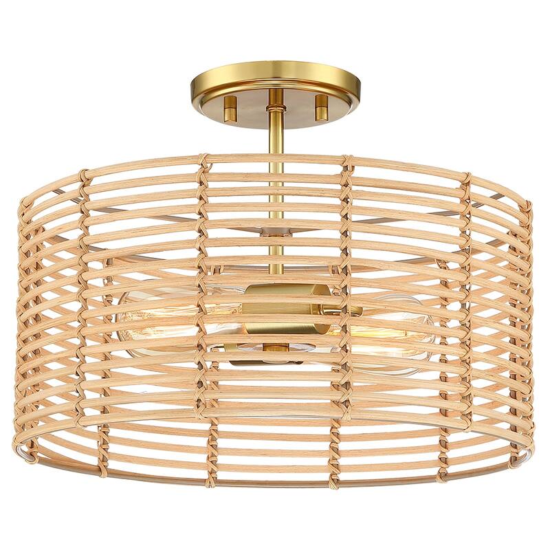 2-Light Bohemian Rattan Semi-Flush Mount Ceiling Light