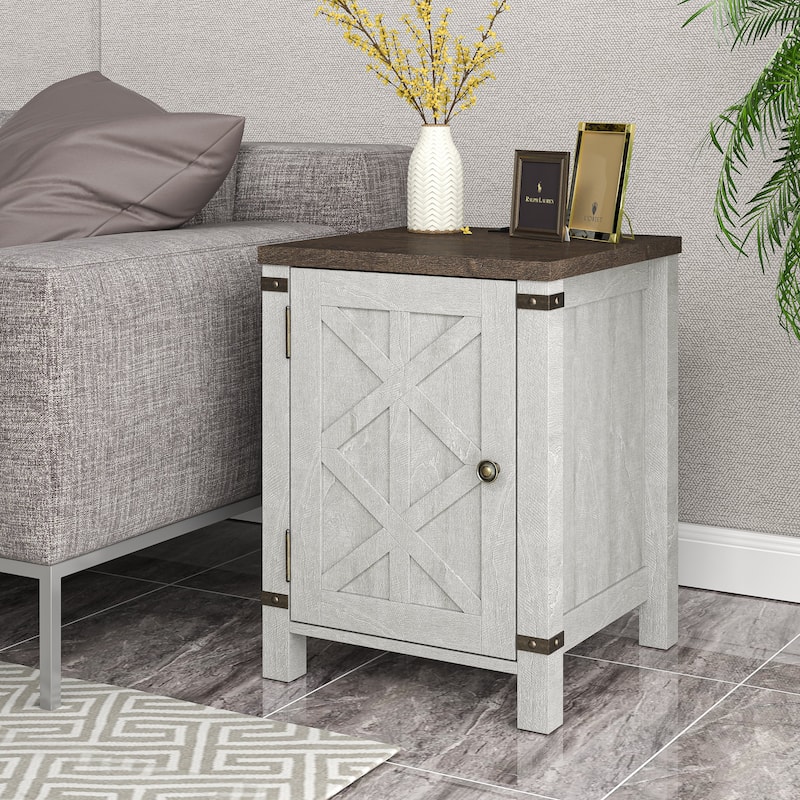 Farmhouse End Table with Charging Station and Storage - 24" in Height - 24" in Height - Saw Cut Off White - MDF