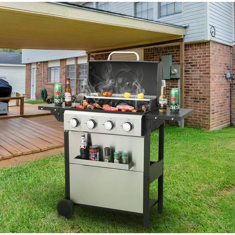 4-Burner Propane Gas BBQ Grill, 34200 BTU Output with Wire Enamel Cooking Grids Foldable Side Table For Outdoor Barbecue - Silver/Black