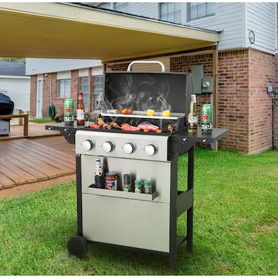 4-Burner Propane Gas BBQ Grill, 34200BTU Output With Wire Enamel Cooking Grids For Outdoor Barbecue, Foldable Side Table