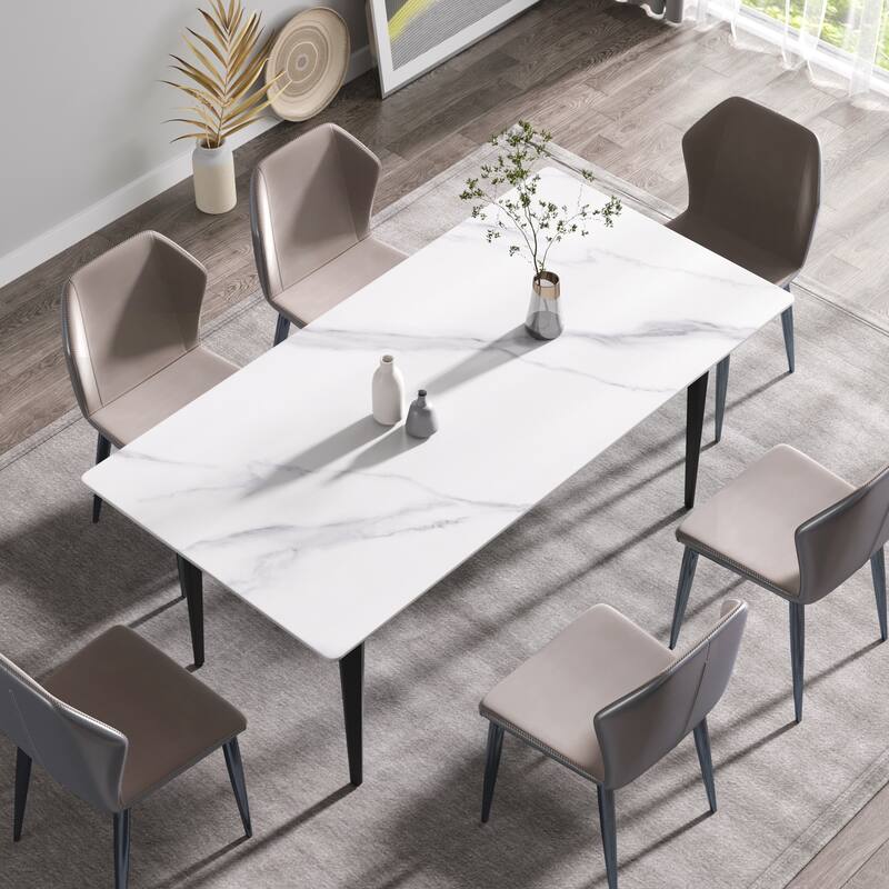 70.87" modern artificial stone white straight edge black metal leg dining table-can accommodate 6-8 people