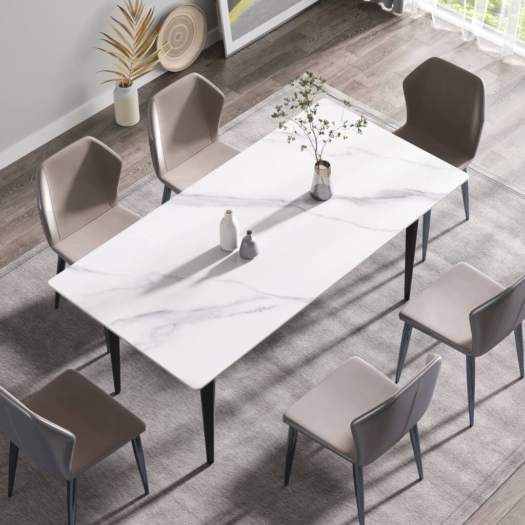 70.87" modern artificial stone white straight edge black metal leg dining table-can accommodate 6-8 people